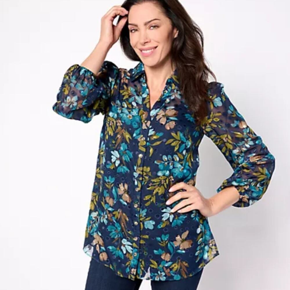 Susan Graver Women Sheer Clip Dot Blue Floral Blouse Tunic 2X Colorful Artsy
